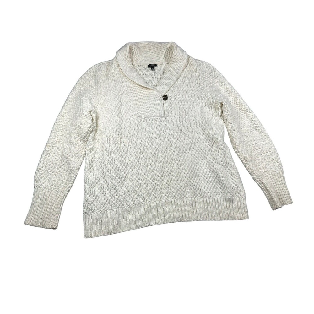 Talbots Womens Wool Blend Sweater Sz XL Ivory‎ Rib Knit Shawl Collar Heavyweight